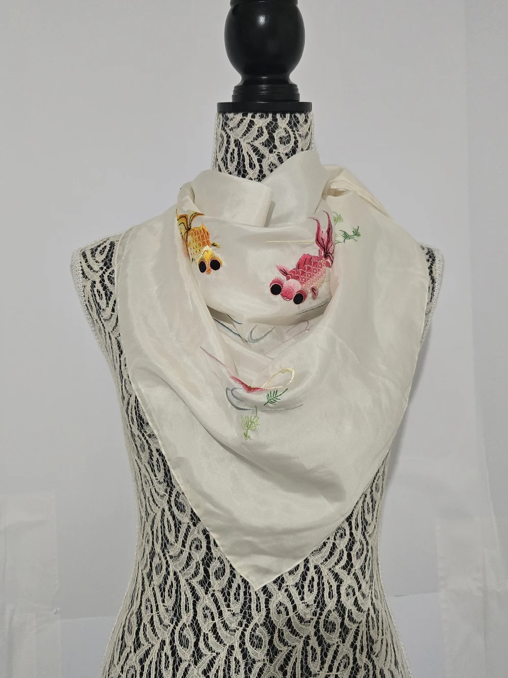 Ivory Silk Scarf with Embroidered Koi Accents